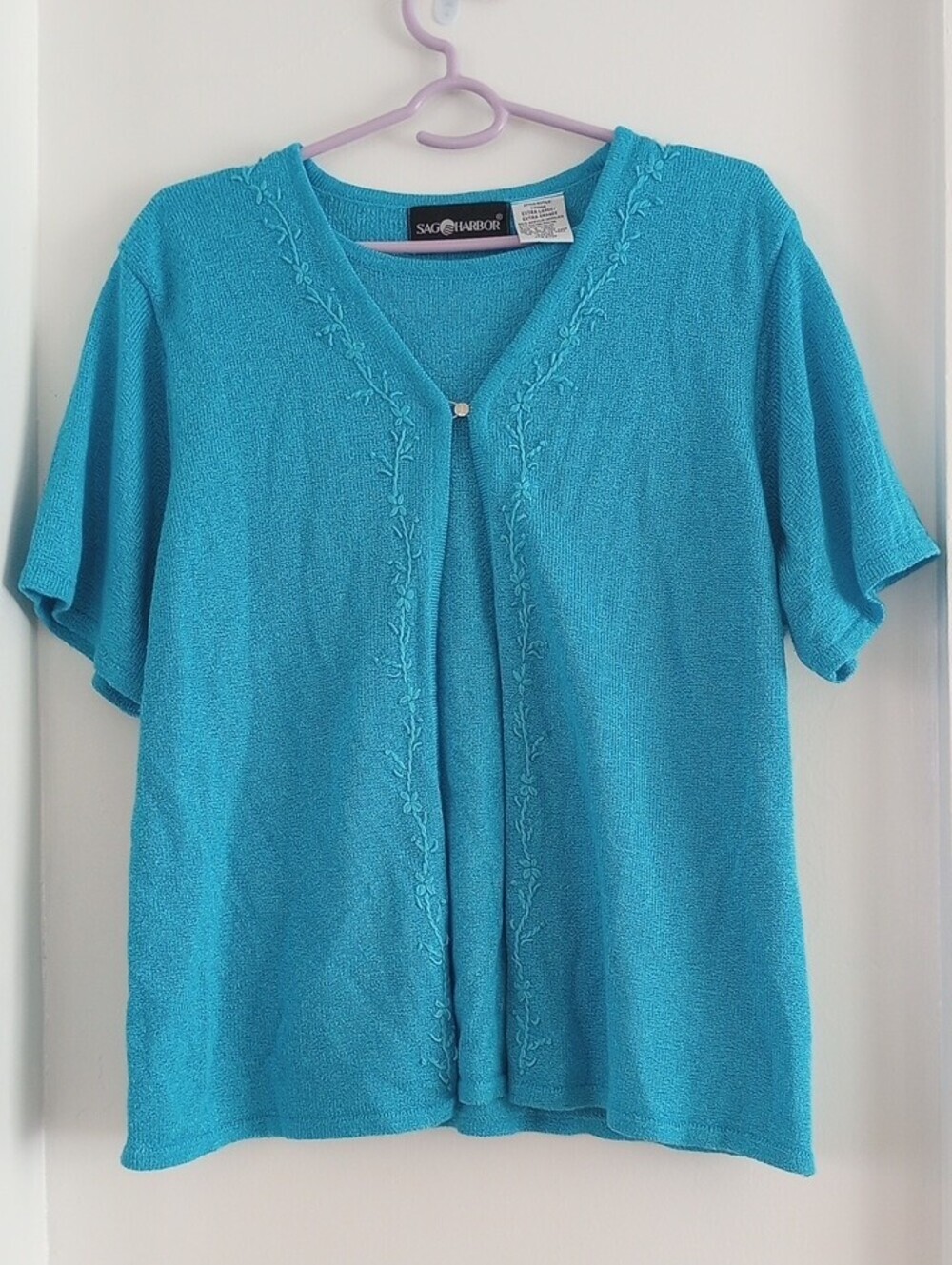 Sag Harbor Vintage Blue Knit Floral Embroidery Cardigan & Top 2 In 1 Set Size XL